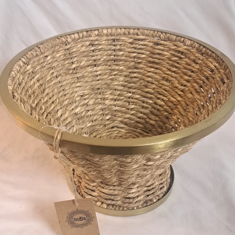 Handwoven Seagrass Basket Bowl Gold Trim Planter Boho Decor India 10in